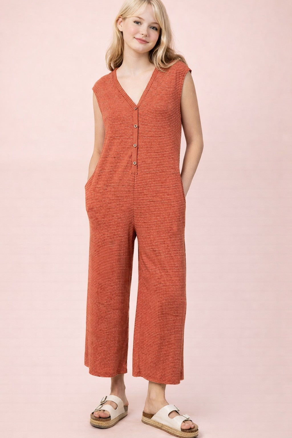 Striped Knit Button Down Jumpsuit