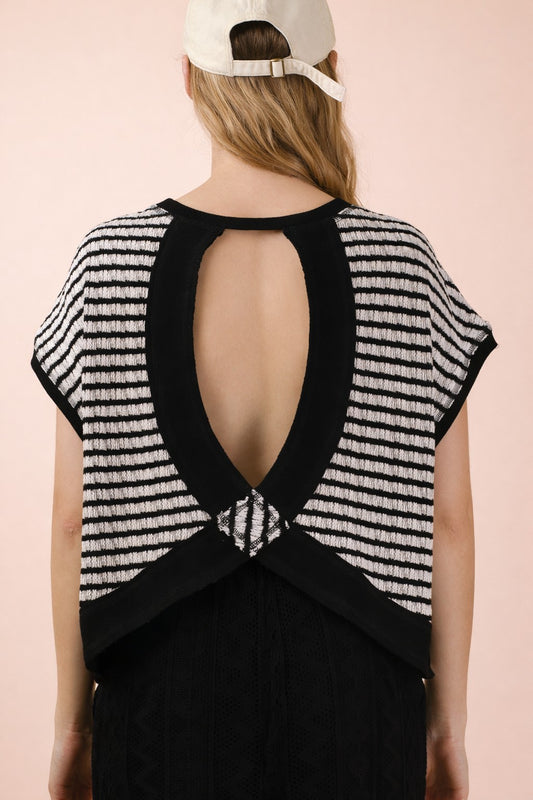 Open Back Striped Textured Knit Top