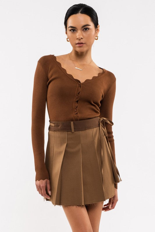 Scallop Hem Cardigan-Brown