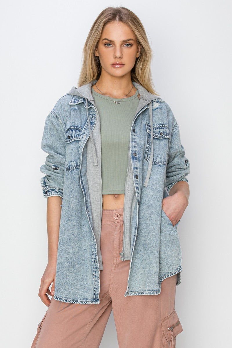 Oversized Vintage Denim Shirt With Zip Up Hoodie