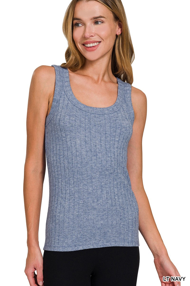 Ribbed Scoop Tank Top-Navy Blue