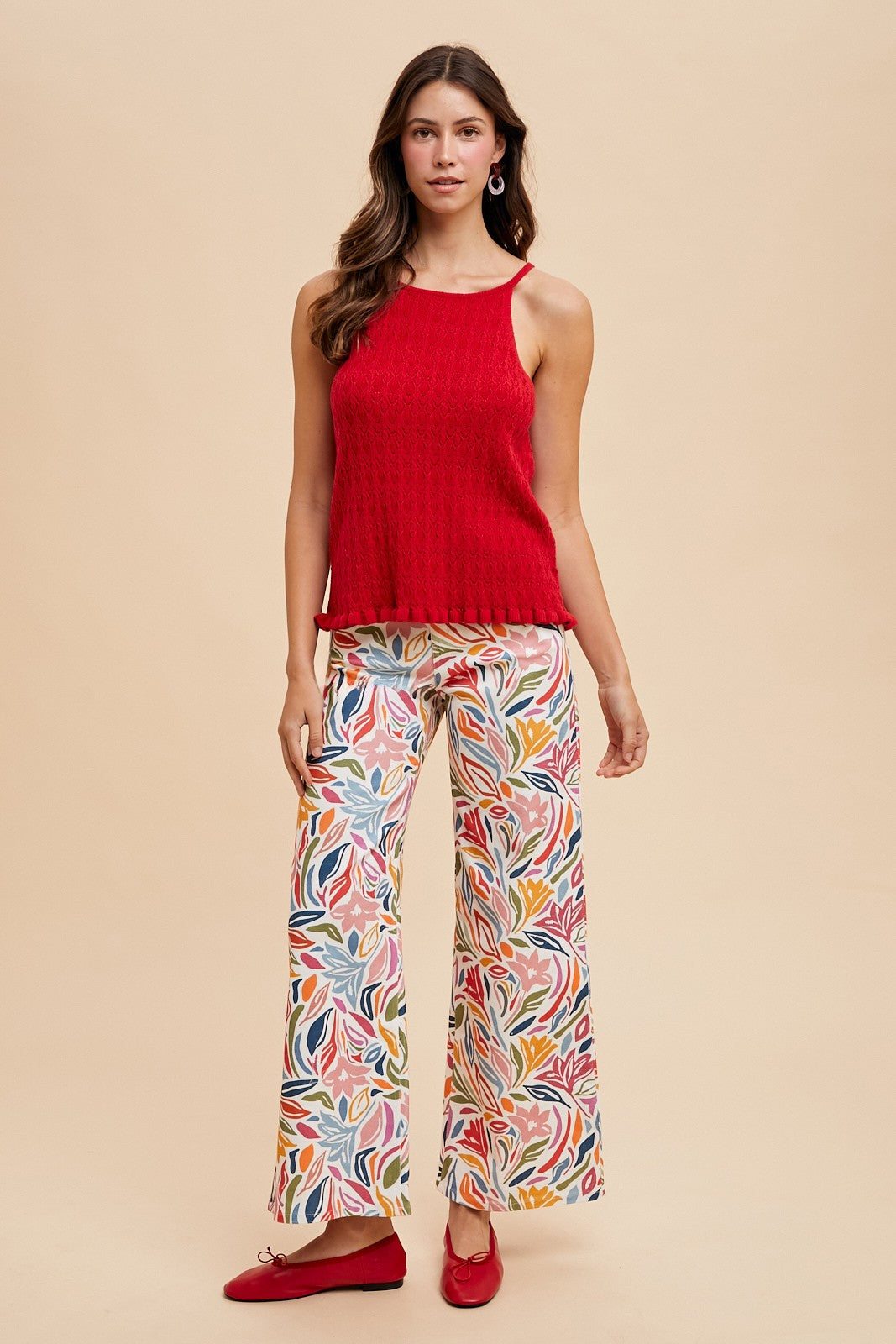 Stretch Floral Print Wide Leg Denim Jeans