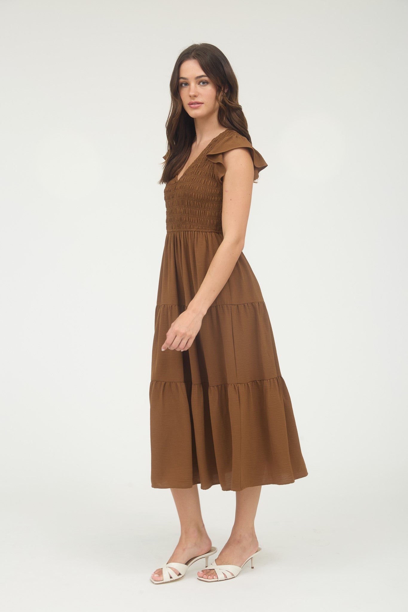 Flutter Sleeve Dress-Brown