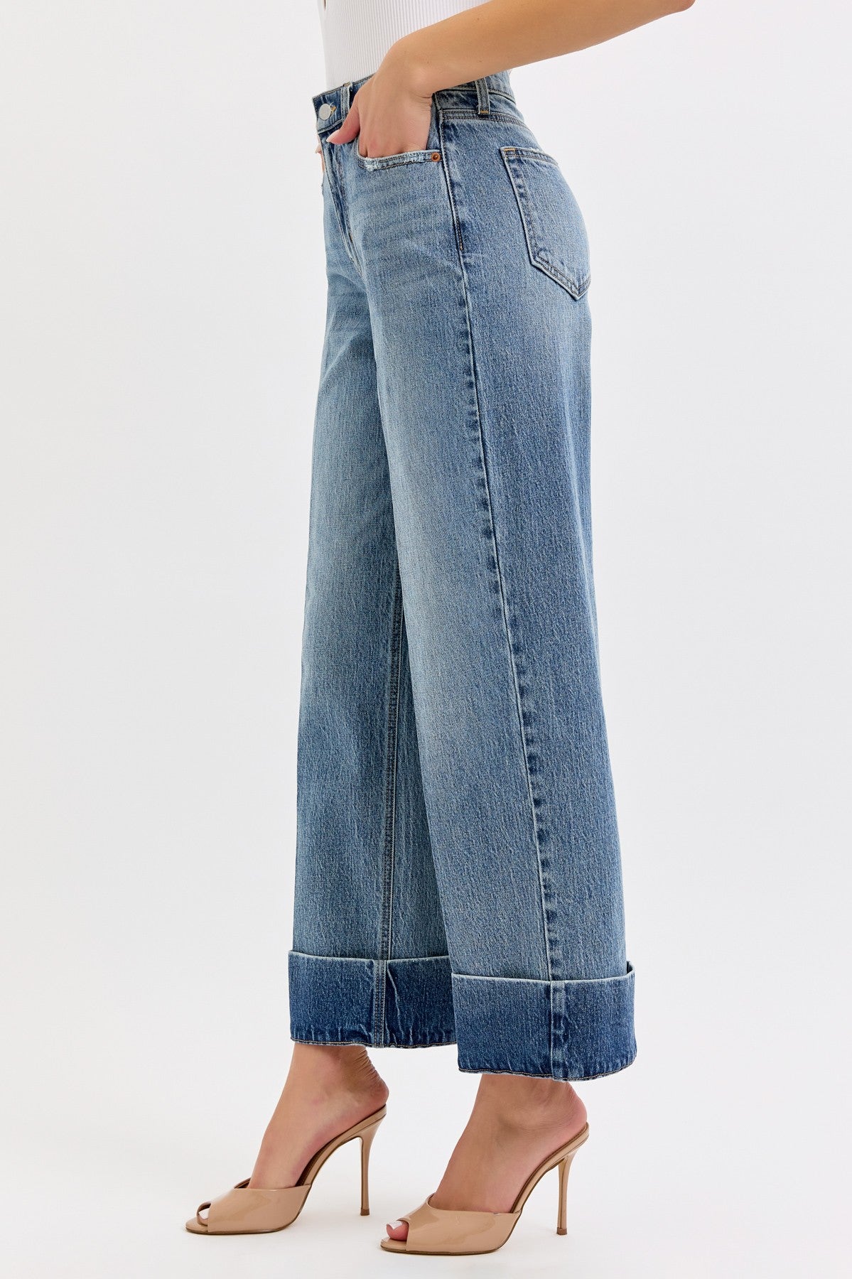 Wide Leg Cuffed Jeans