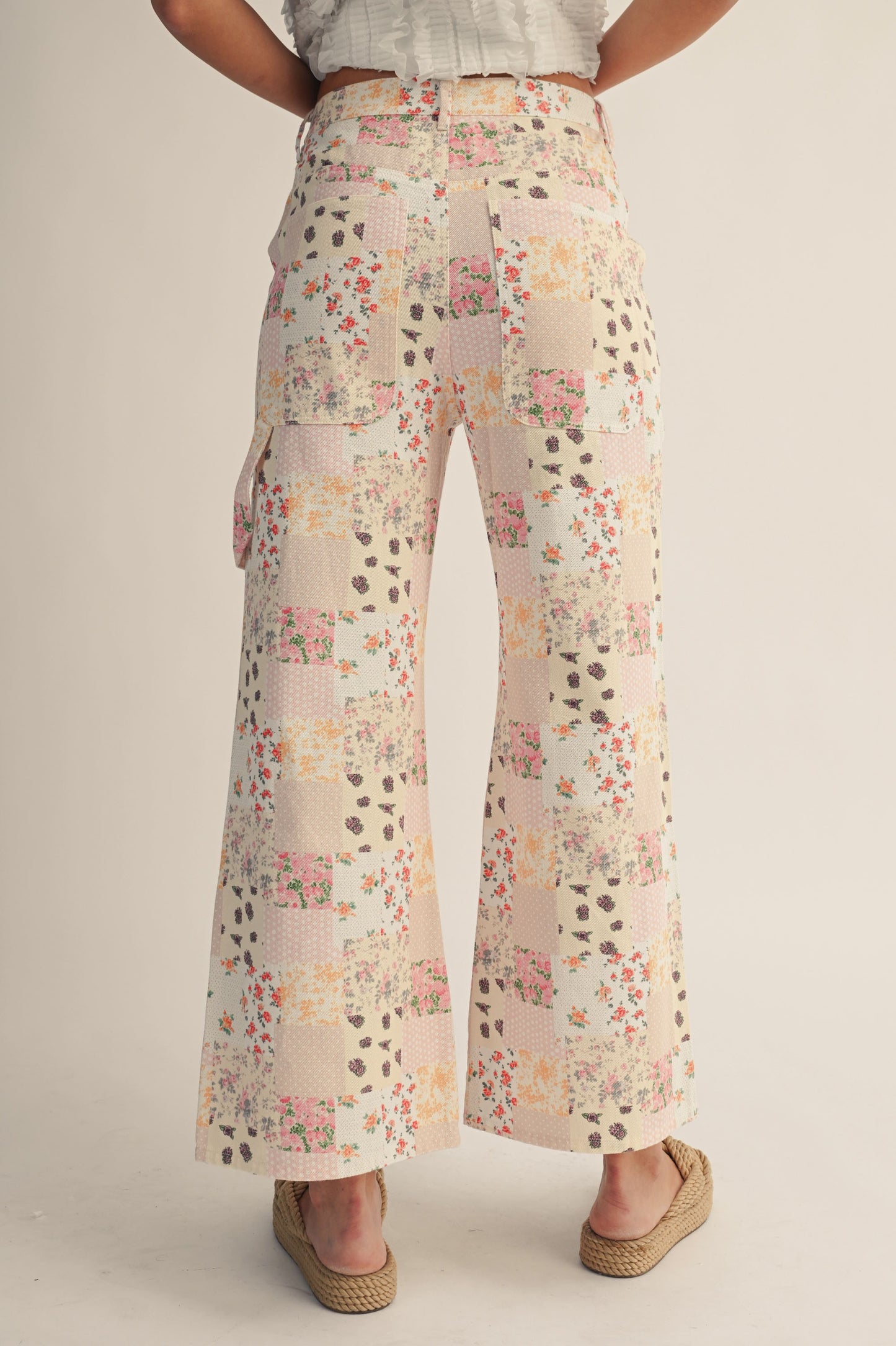 Vintage Pastel Floral Patchwork Wide Leg Pants