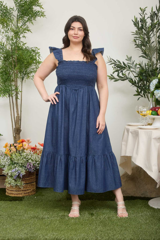 Dark Denim Ruffle Strap Smocked Midi Dress