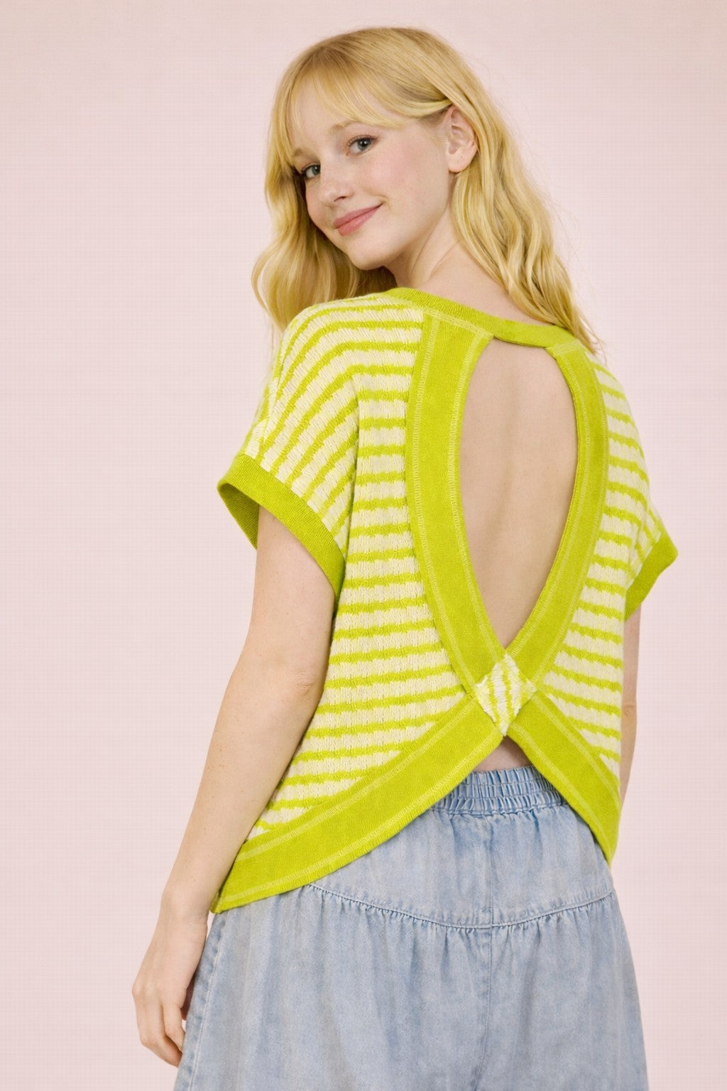 Open Back Striped Textured Knit Top