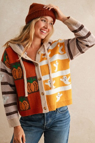 Autumn Harvest Pumpkin Hooded Knit Cardigan