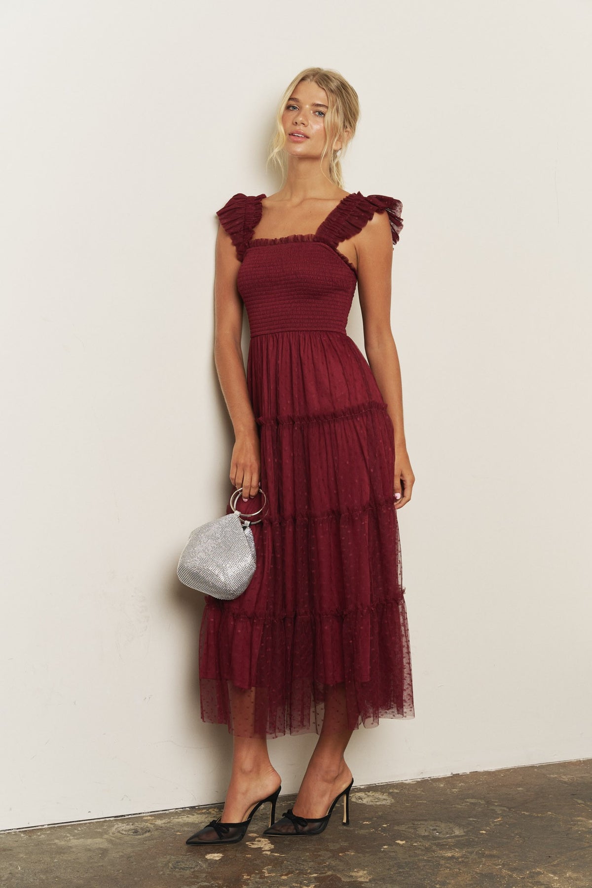 Polka Dot Chiffon Smocked Tiered Midi Dress