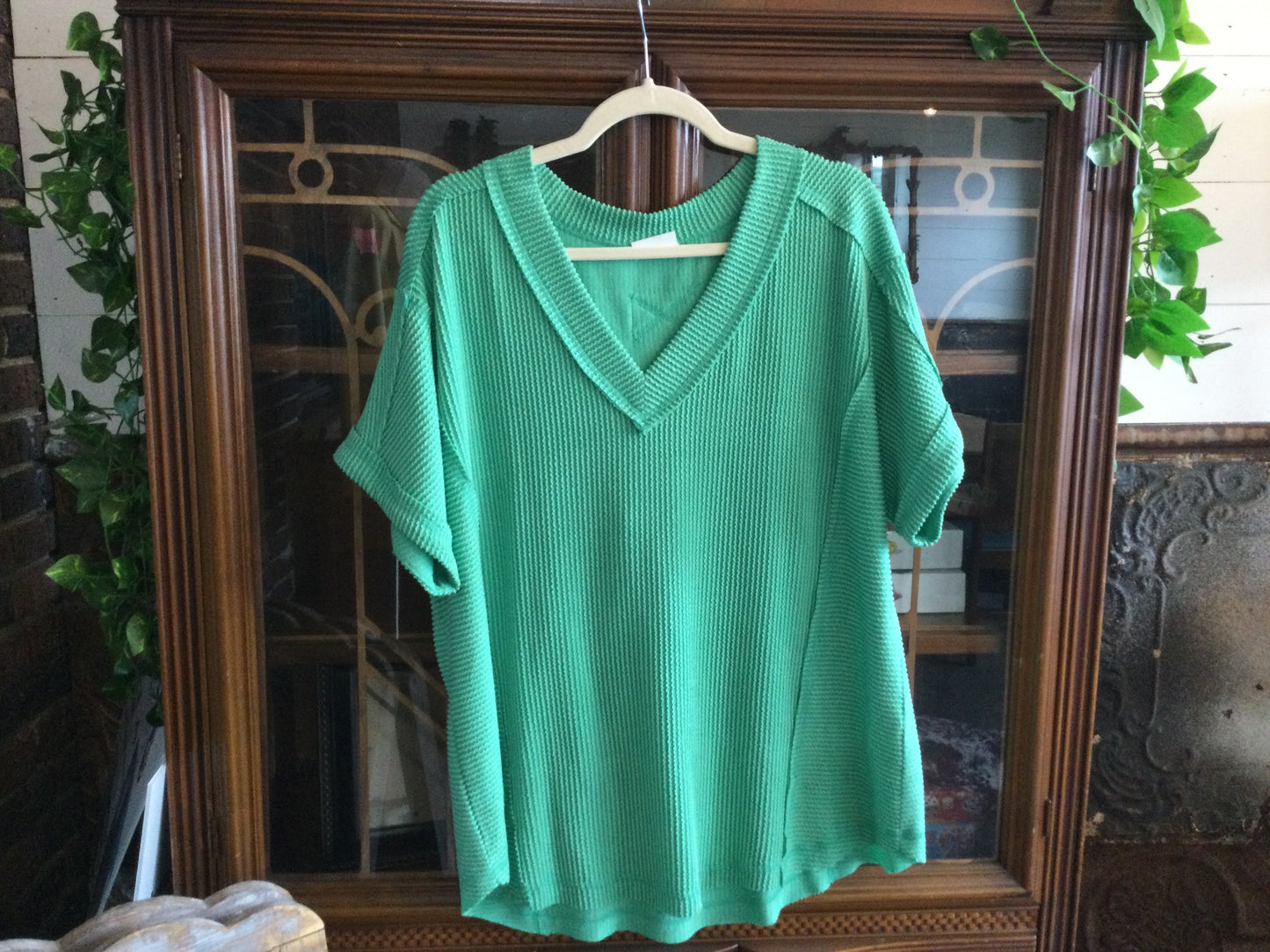 Textured Ribbed Knit Top-Green