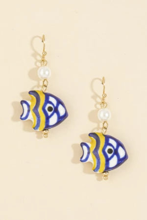 Painted Ceramic Fish And Pearl Drop Earrings