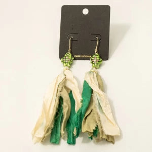 Ceramic Fish Multi Fabric Fringe Drop Earrings