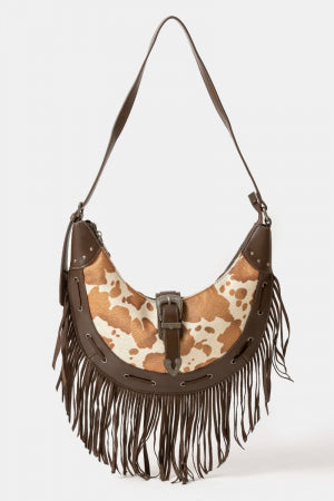 Cow Print Fringe Hobo Bag-Brown