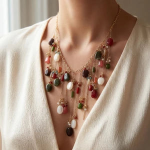 Chain Link Multi Stone Fringe Necklace