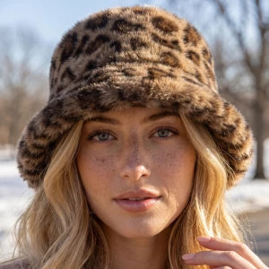 Leopard Print Plush Fur Bucket Hat