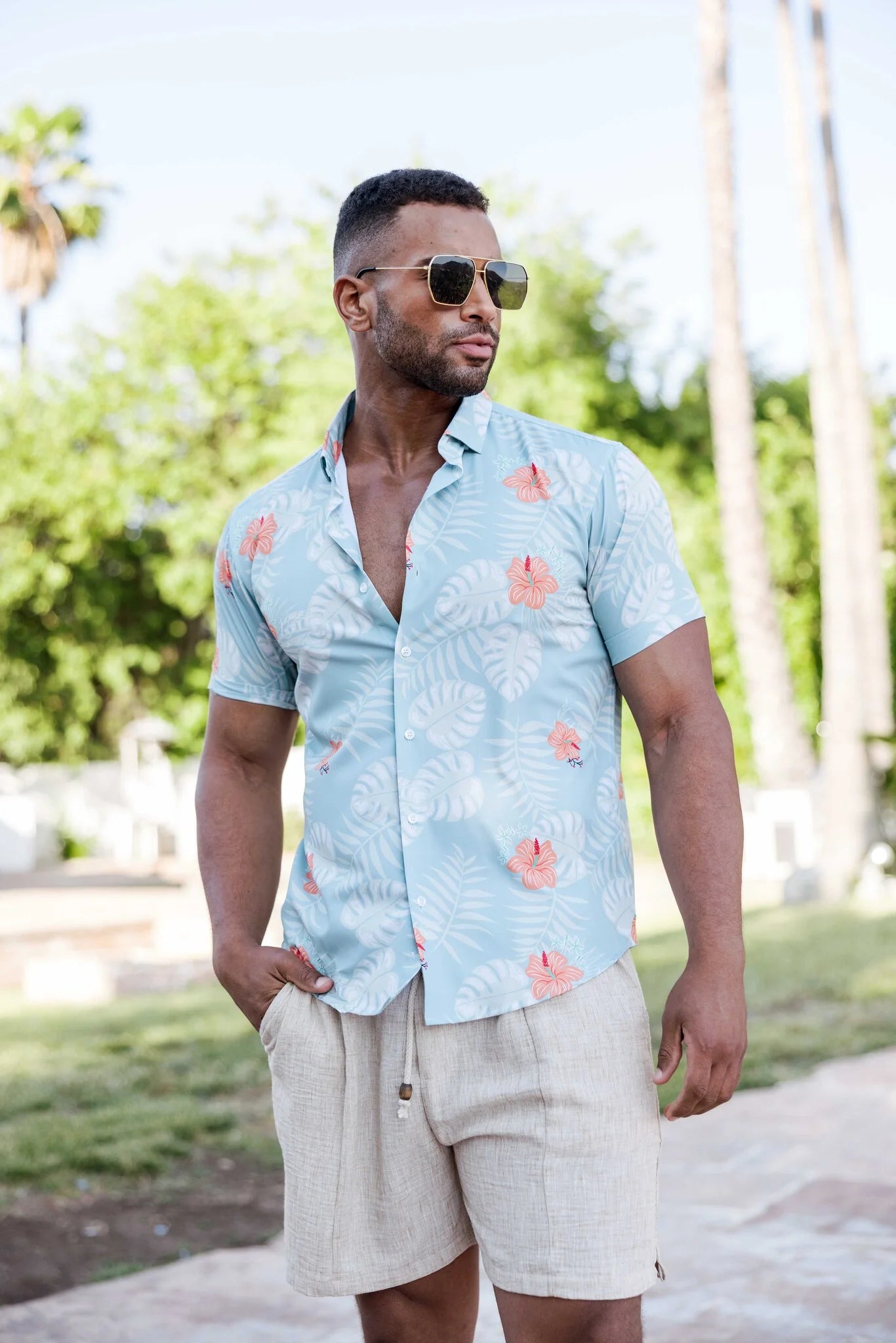 Blue Hawaiian Leaf Print Men's Shirt