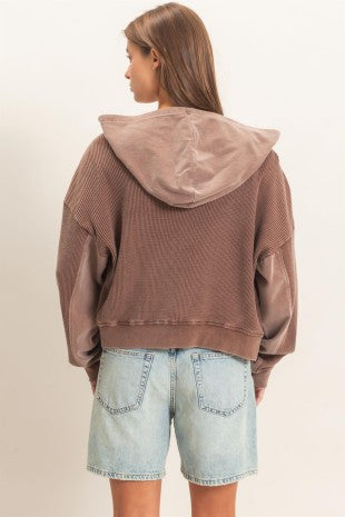 Acid Wash Waffle Knit Zip-up Hoodie