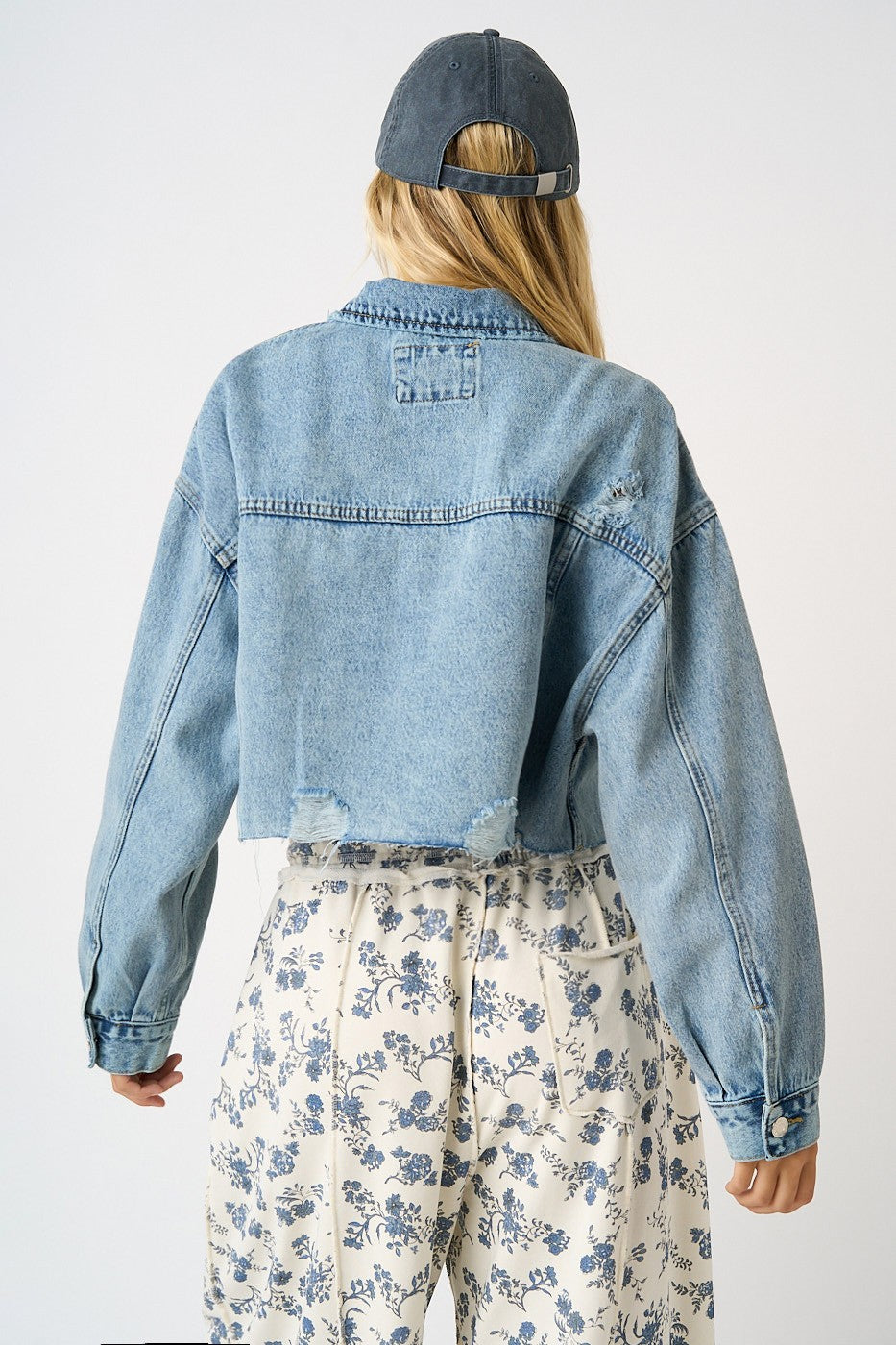 Cropped Distress Hem Light Wash Denim Jacket