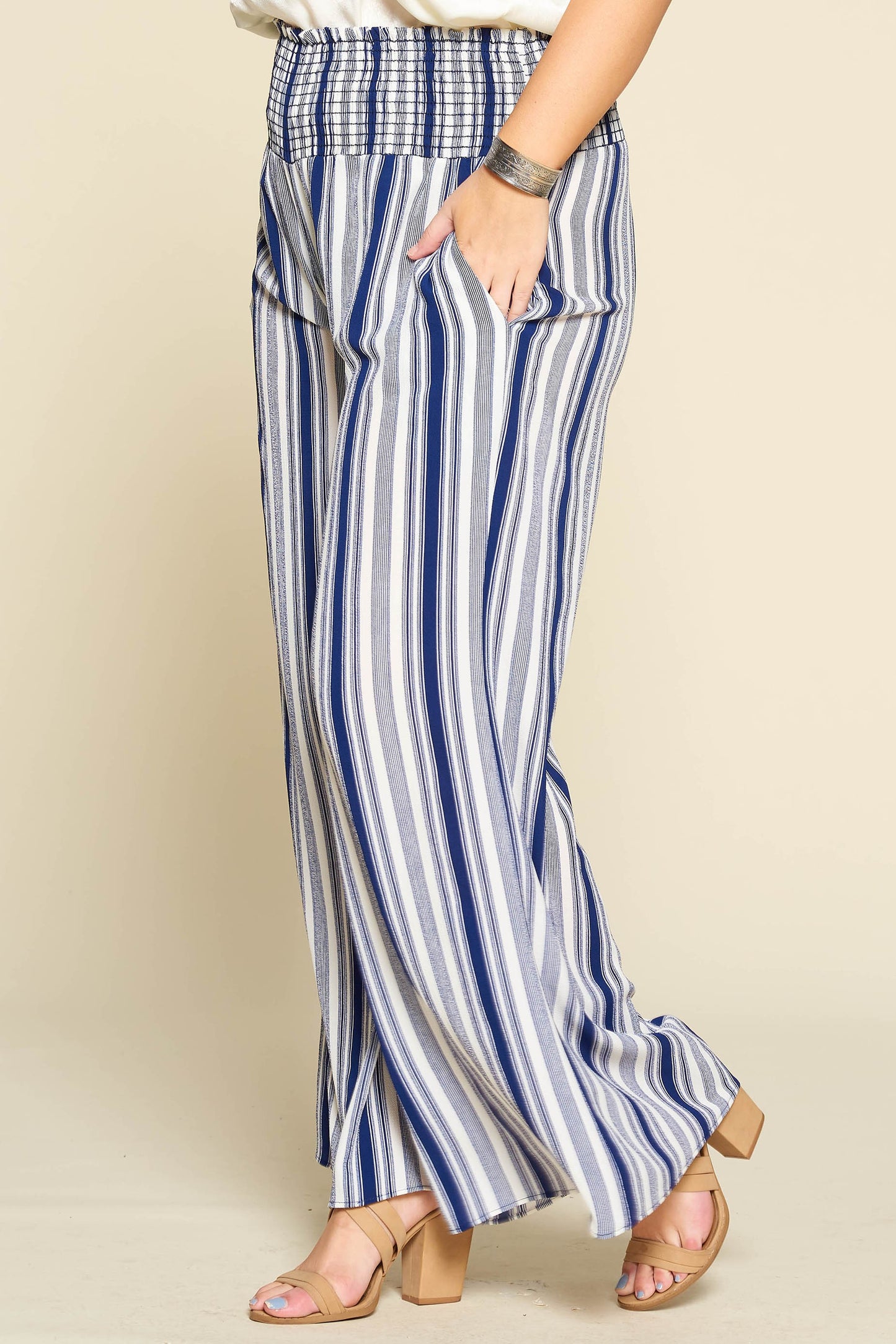 Navy Striped Wide Leg Pants