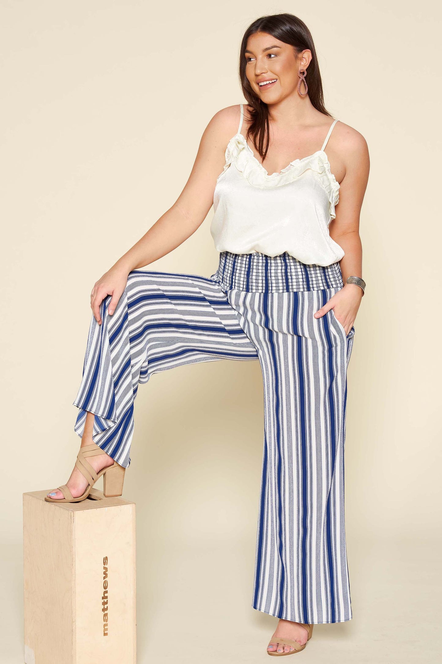 Navy Striped Wide Leg Pants