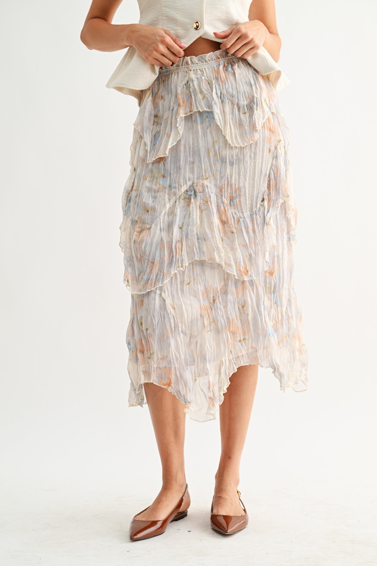 Layered Midi Skirt With Watercolor Floral Print