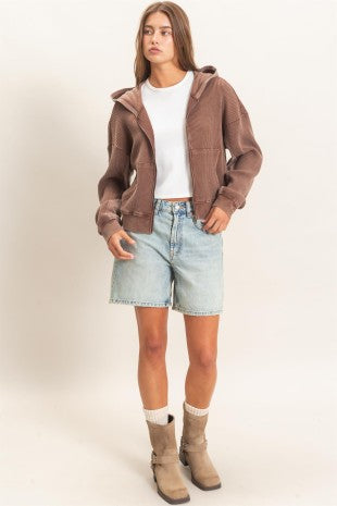 Acid Wash Waffle Knit Zip-up Hoodie