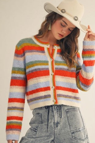 Multi Stripe Button Up Round Neck Cardigan