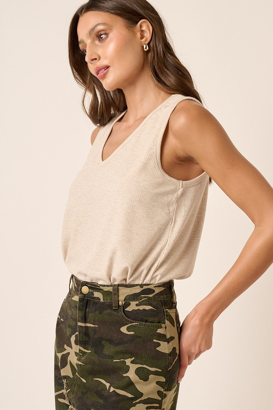 Rib Knit Vneck Tank Top-Oatmeal