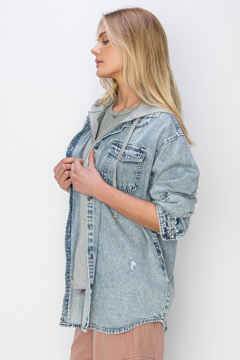 Oversized Vintage Denim Shirt With Zip Up Hoodie