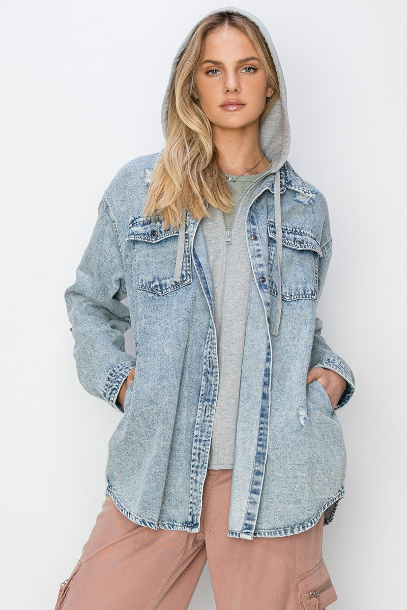 Oversized Vintage Denim Shirt With Zip Up Hoodie
