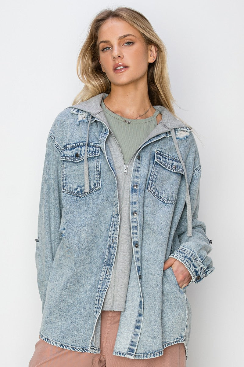 Oversized Vintage Denim Shirt With Zip Up Hoodie
