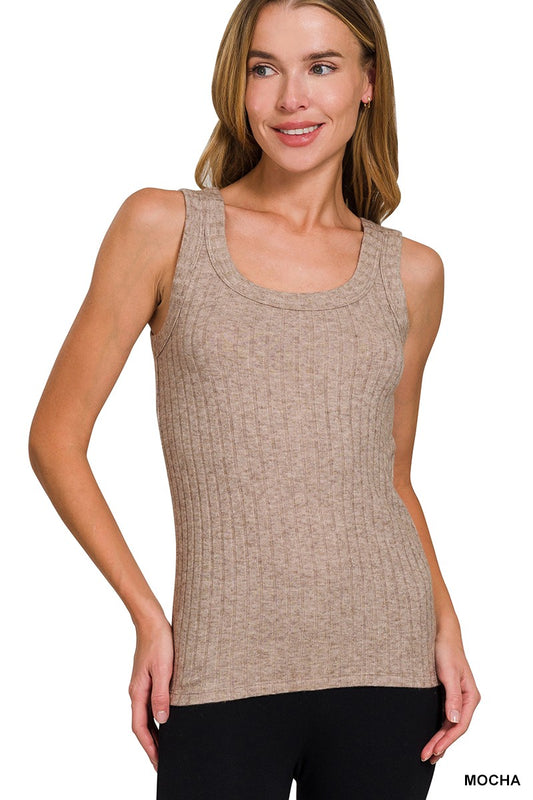 Ribbed Scoop Tank Top-Mocha