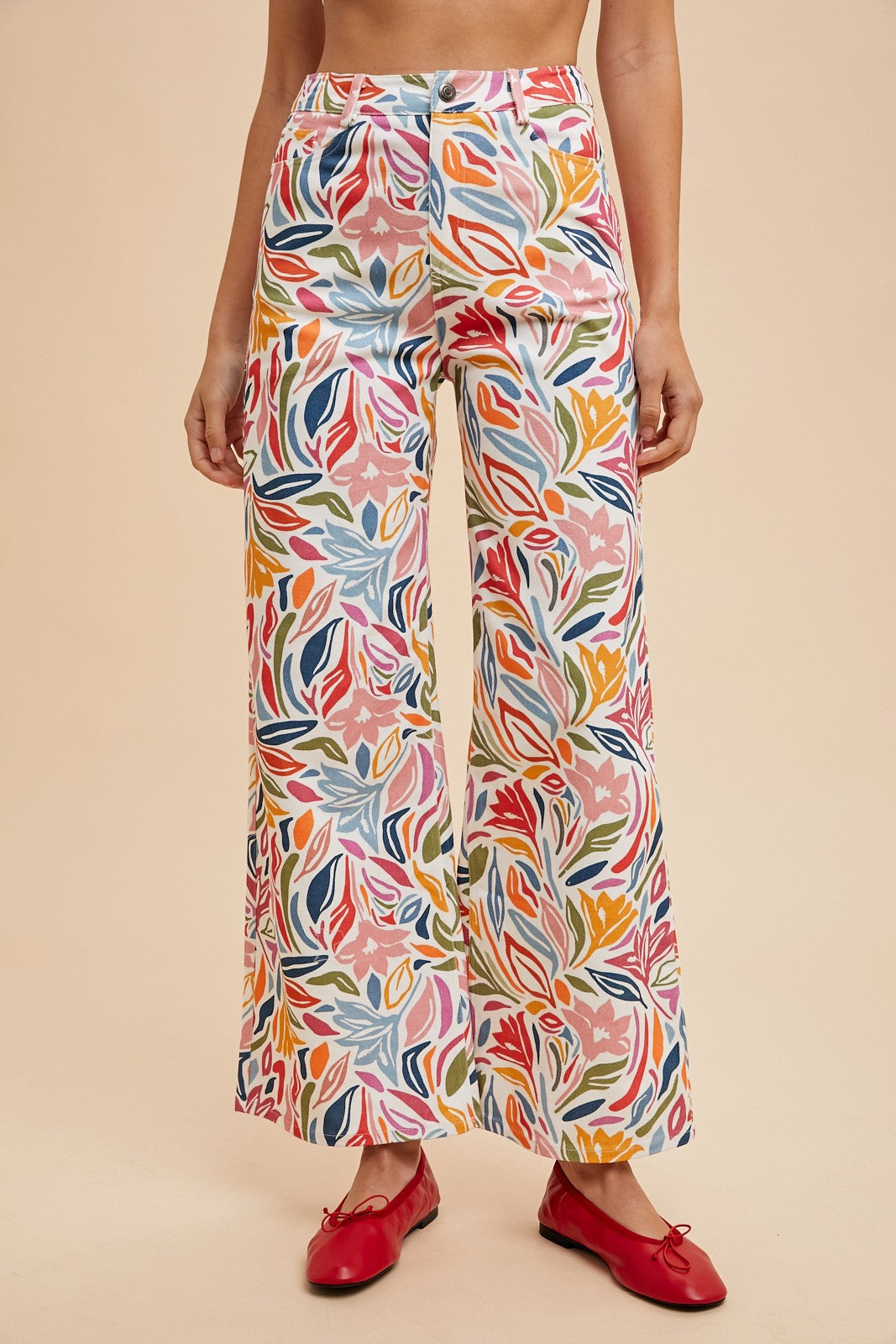 Stretch Floral Print Wide Leg Denim Jeans