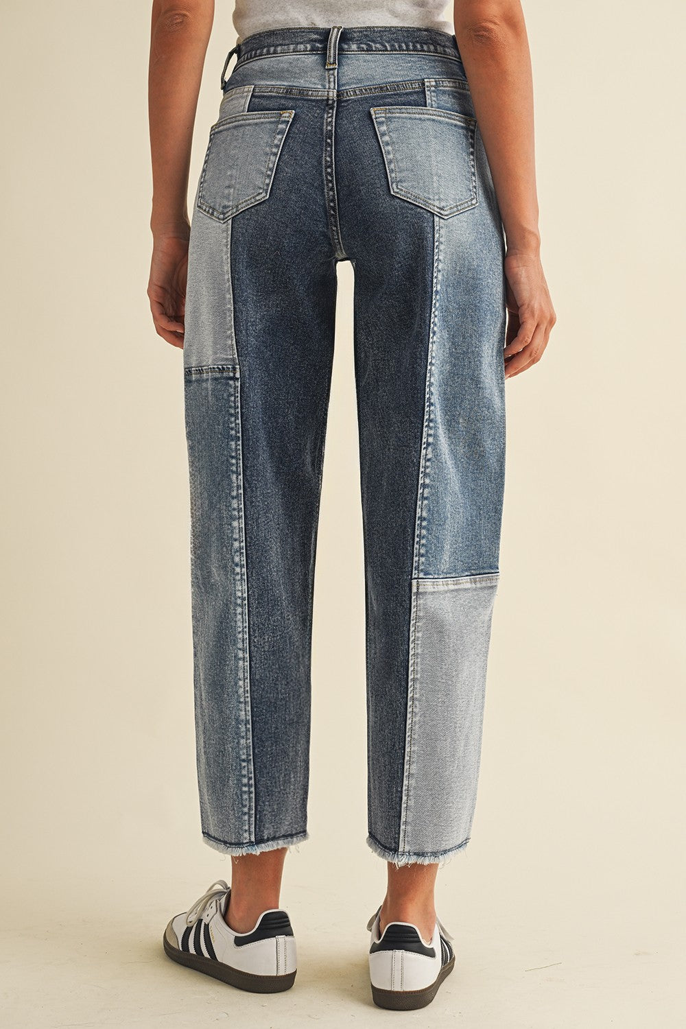 Stretch Frayed Hem Patchwork Slim Barrel Leg Jean