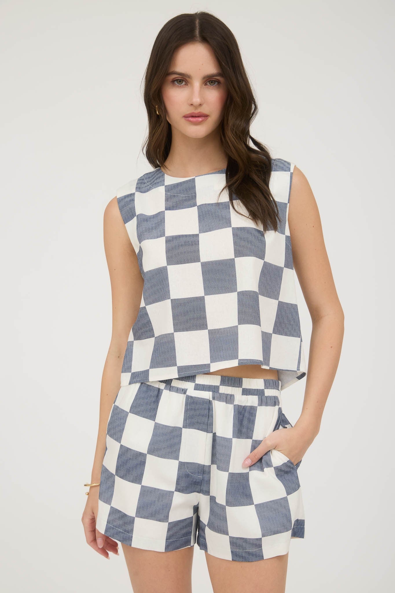 Checkered Linen Blend Top