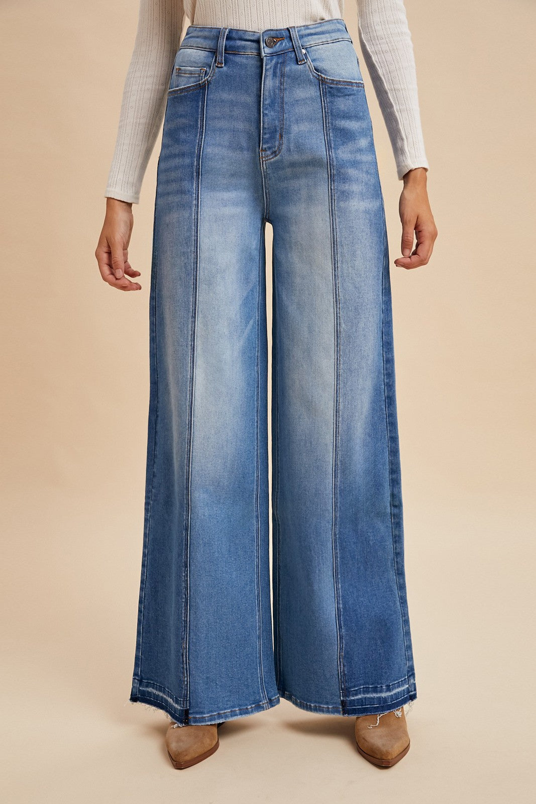 Two-tone Fray Hem Wide-leg Stretch Denim Jean