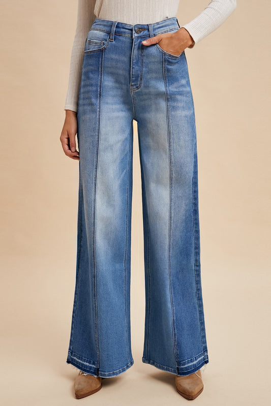 Two-tone Fray Hem Wide-leg Stretch Denim Jean