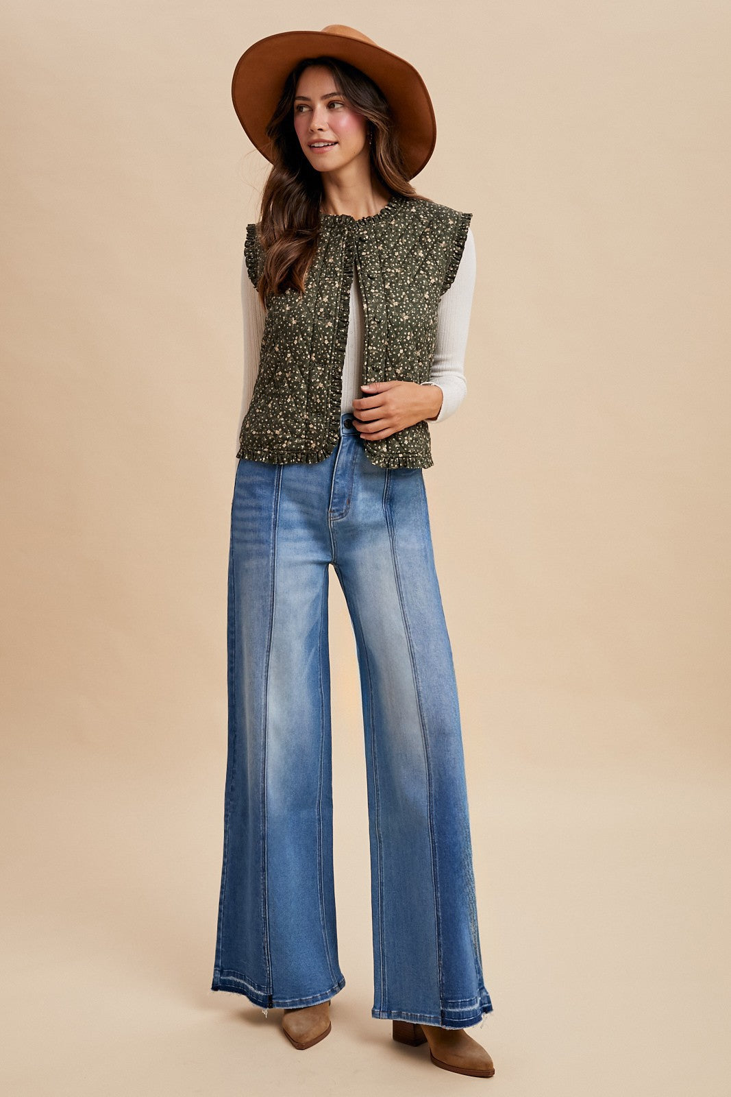 Two-tone Fray Hem Wide-leg Stretch Denim Jean