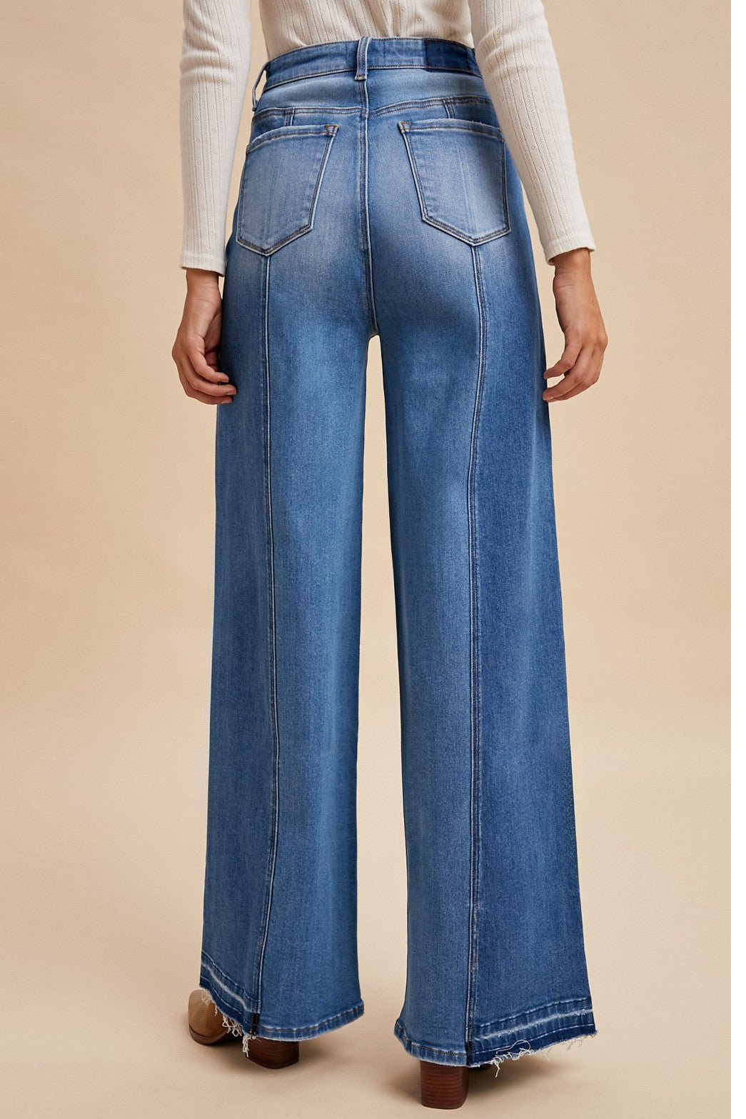 Two-tone Fray Hem Wide-leg Stretch Denim Jean