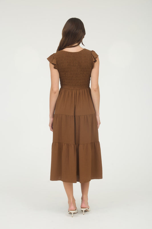 Flutter Sleeve Dress-Brown