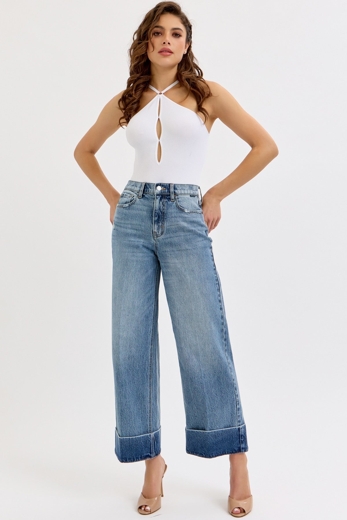 Wide Leg Cuffed Jeans