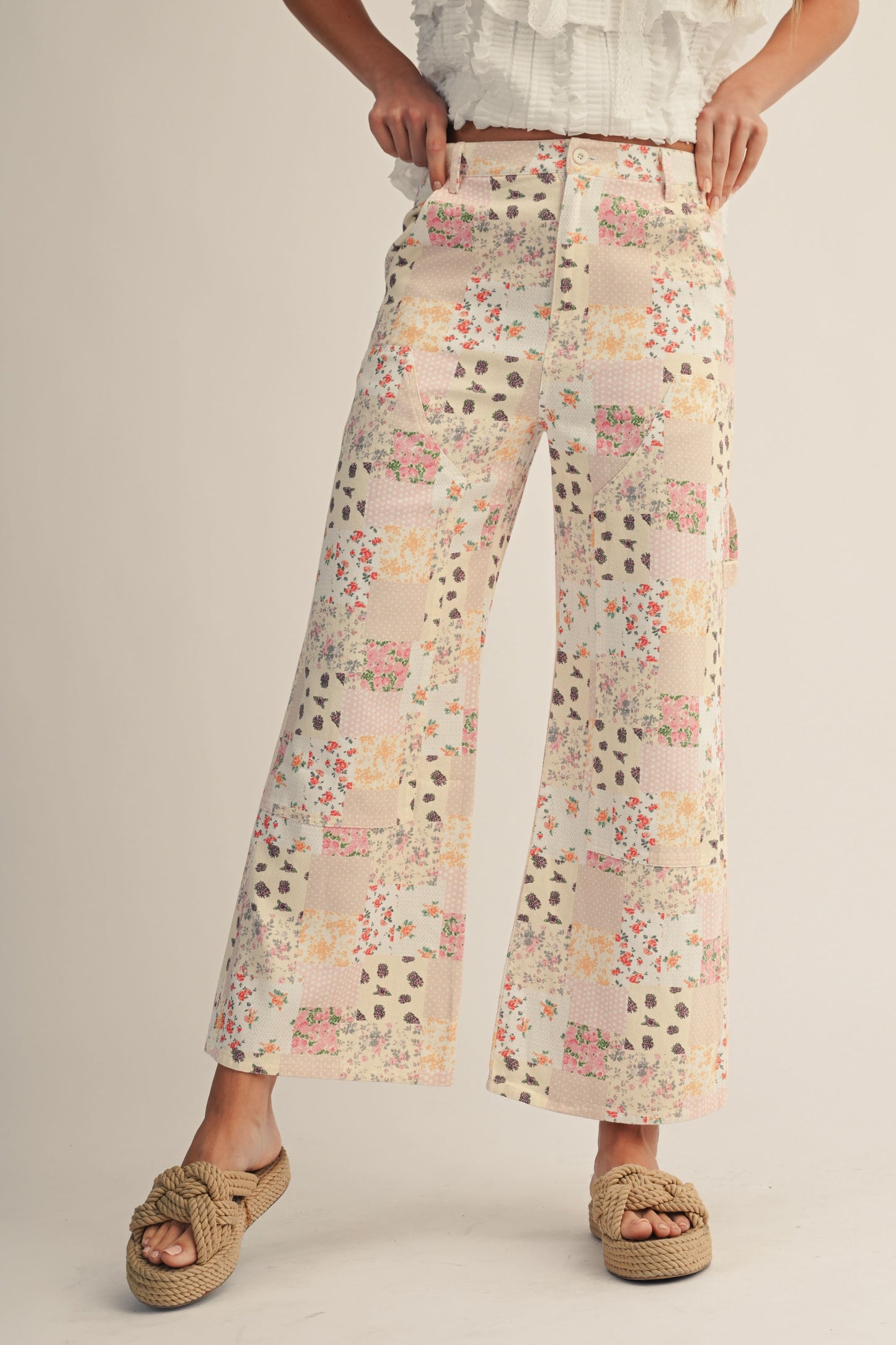 Vintage Pastel Floral Patchwork Wide Leg Pants