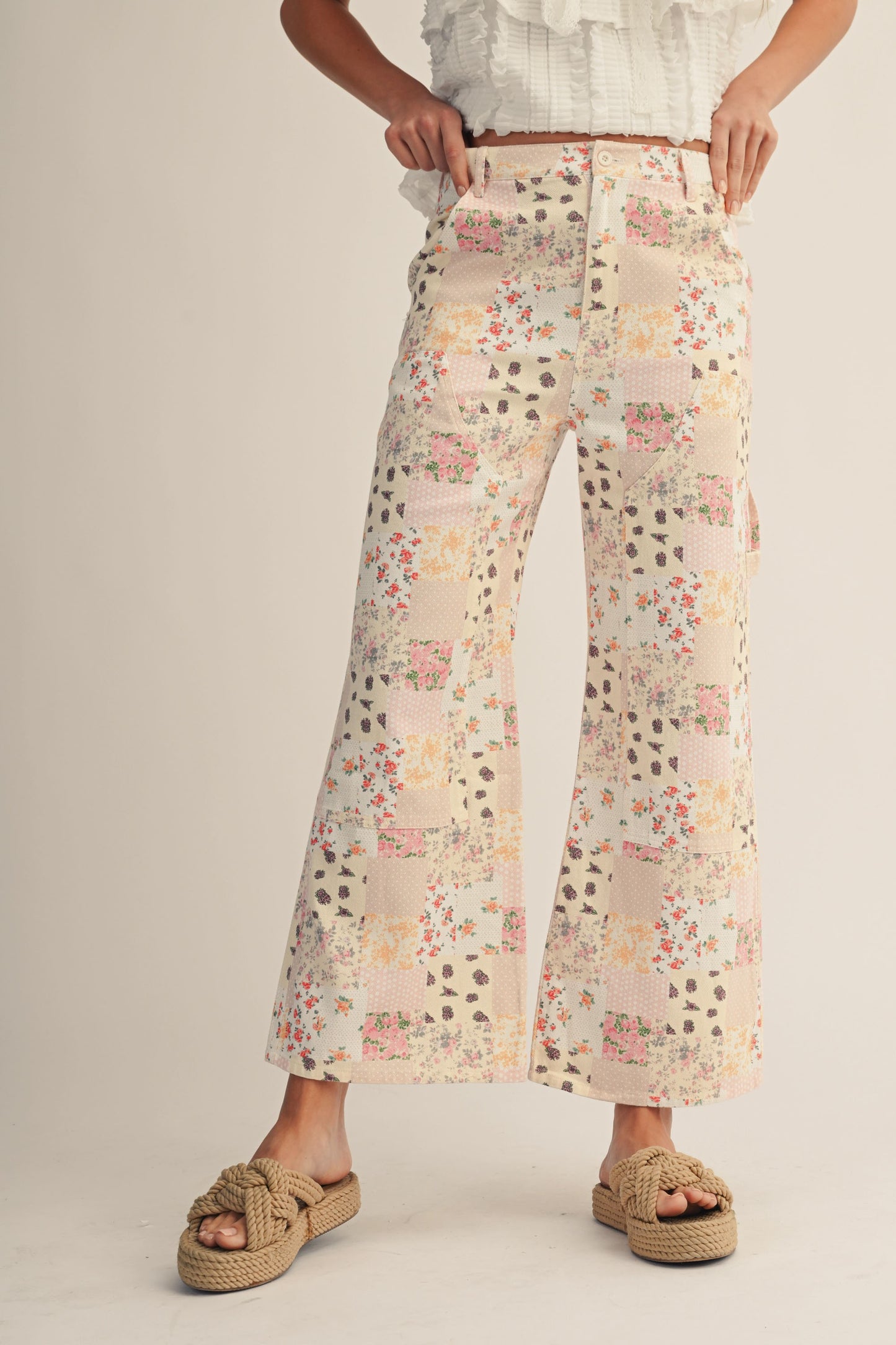 Vintage Pastel Floral Patchwork Wide Leg Pants