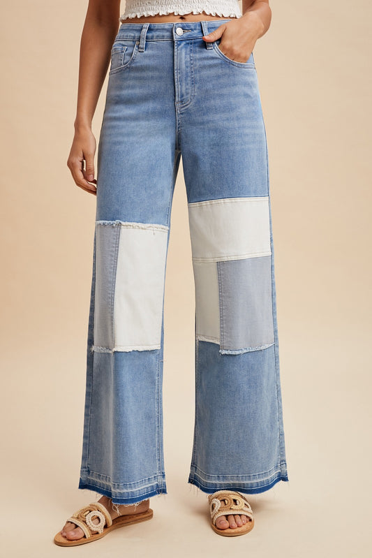 Comfort Stretch Patchwork Wide Leg Jeans