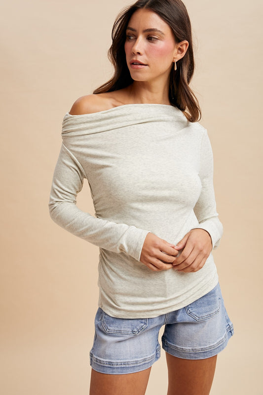 Melange Knit Jersey One Shoulder Ruched Top