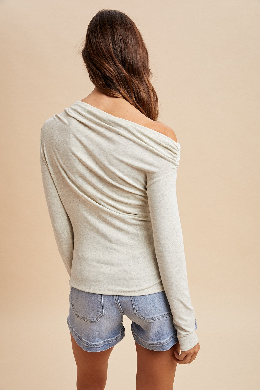 Melange Knit Jersey One Shoulder Ruched Top