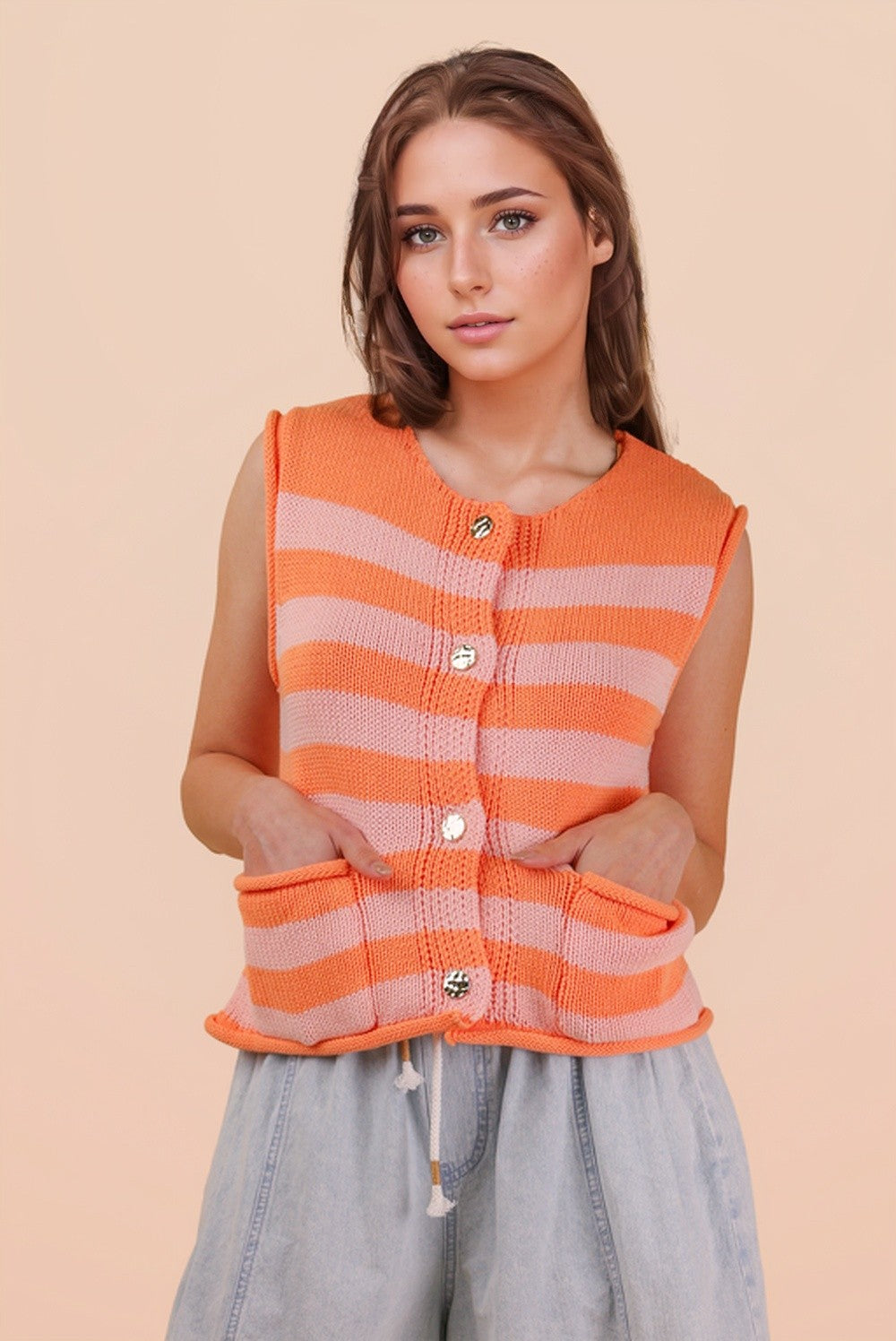 Mango Stripe Button Down Top