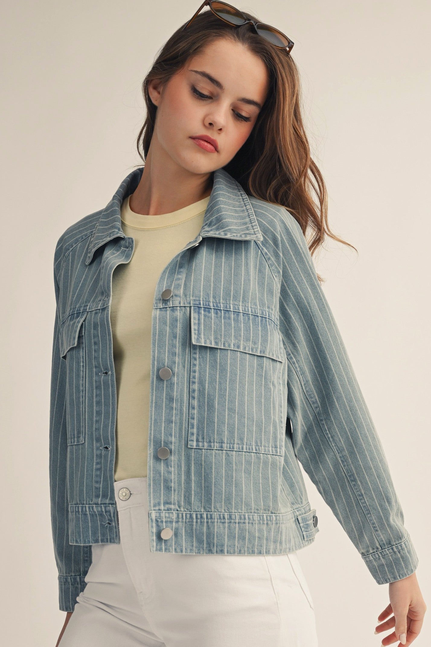Washed Vertical Stripe Structured Denim Shacket