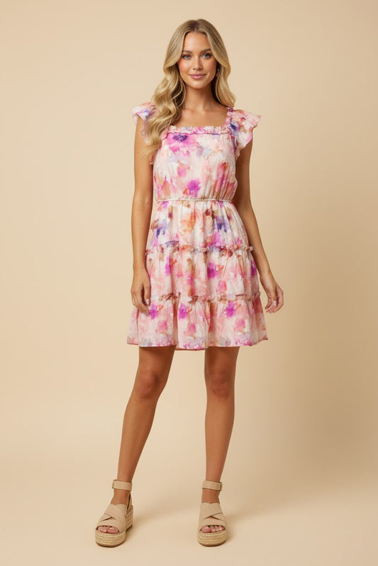 Abstract Floral Ruffled Square Neck Dress