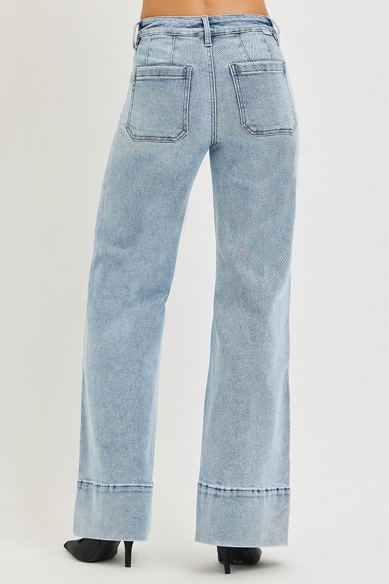 Tummy Control Mid Rise Ankle Wide Flare Jeans